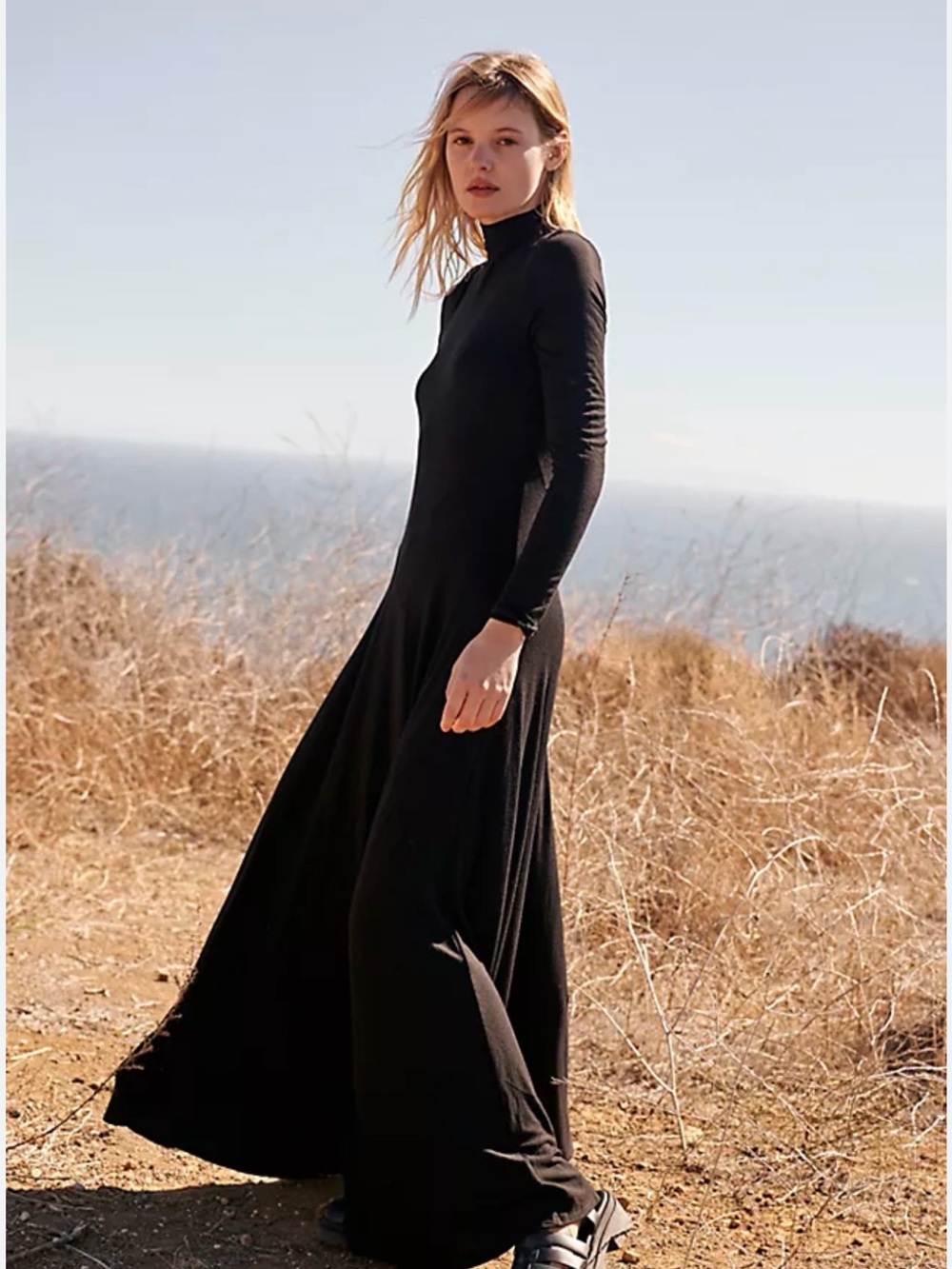 Free People Black Long-Sleeve High-Neck Maxi Dress